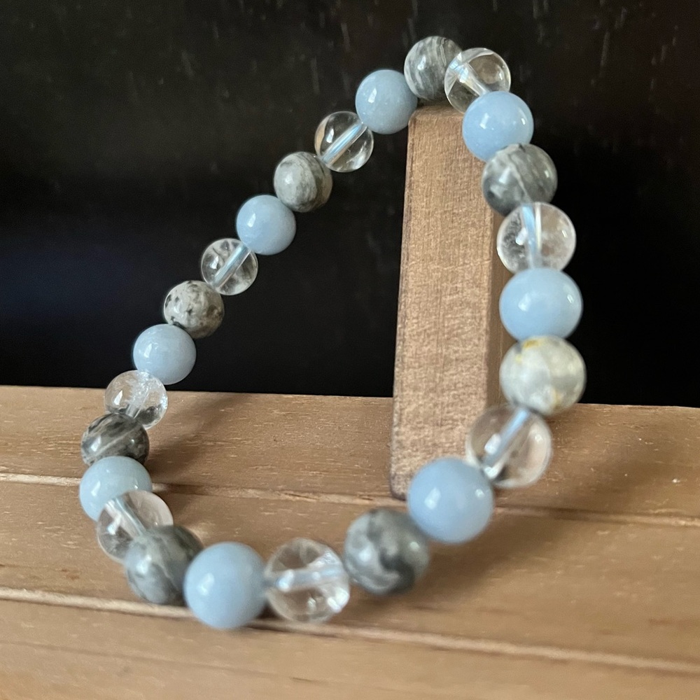 Angelite With Quartz & Que Sera Natural Stone Crystal Stretch Beaded Bracelet
